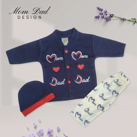 Mom Dad Design 3 Pcs Suit with Cap - Navy Blue