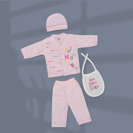 Best Mom Ever 4 Pcs Suit with Bib and Cap - Pink