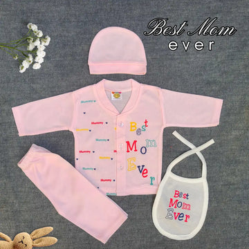 Best Mom Ever 4 Pcs Suit with Bib and Cap - Pink