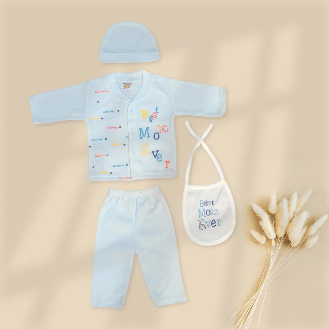 Best Mom Ever 4 Pcs Suit with Bib and Cap - Sky Blue