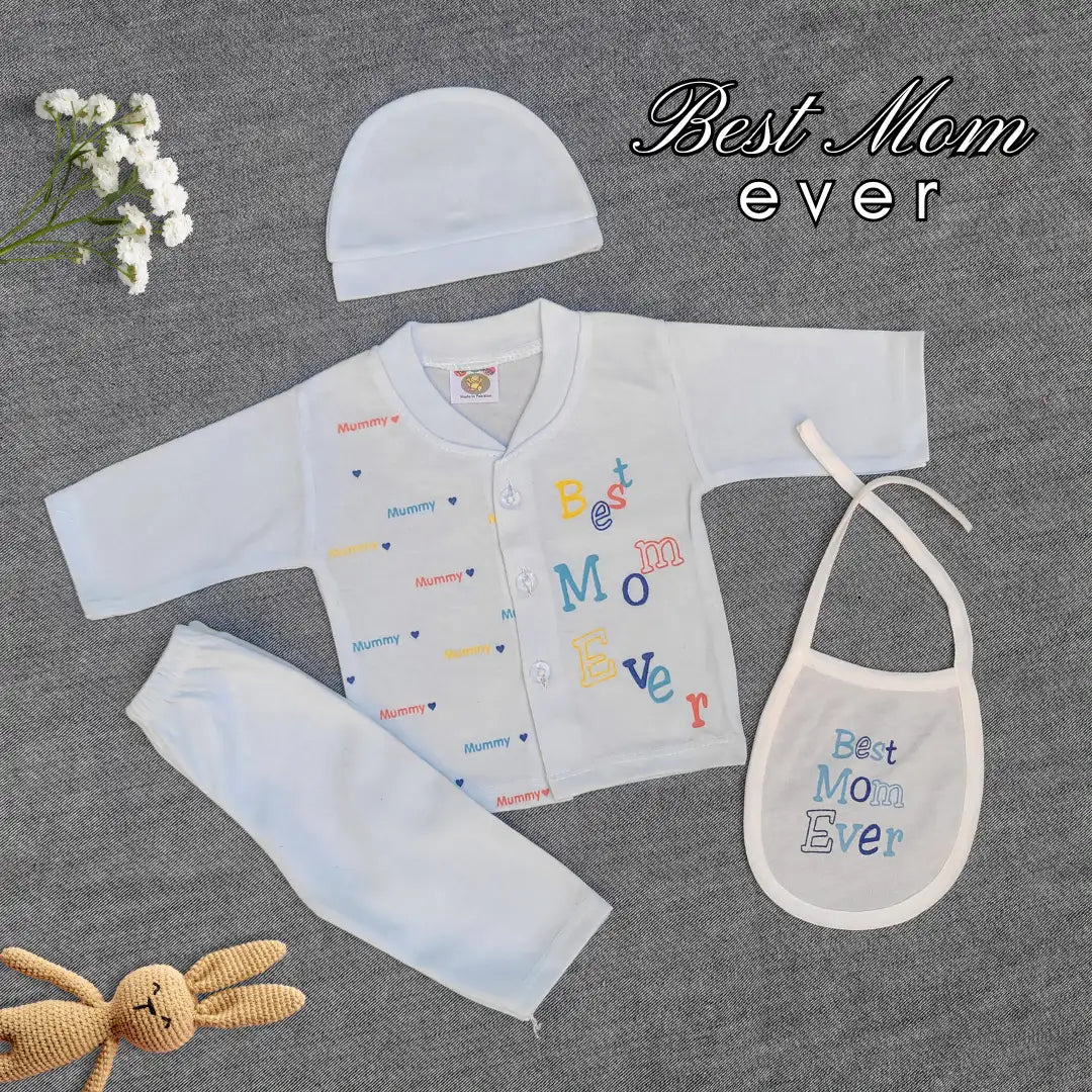 Best Mom Ever 4 Pcs Suit with Bib and Cap - Sky Blue