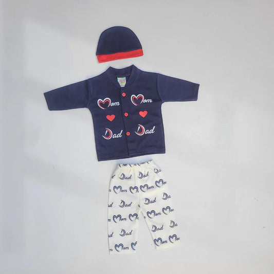 Mom Dad Design 3 Pcs Suit with Cap - Navy Blue