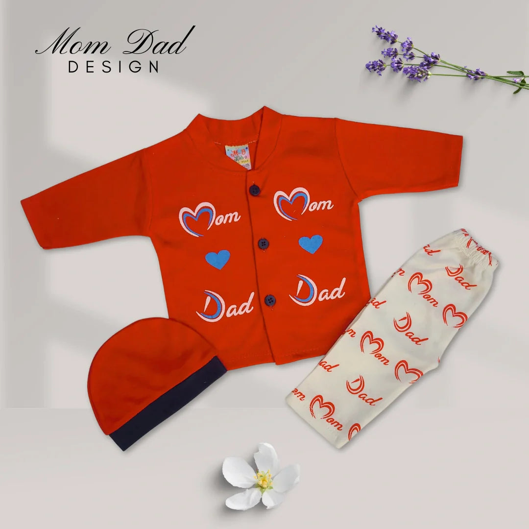 Mom Dad Design 3 Pcs Suit with Cap - Red
