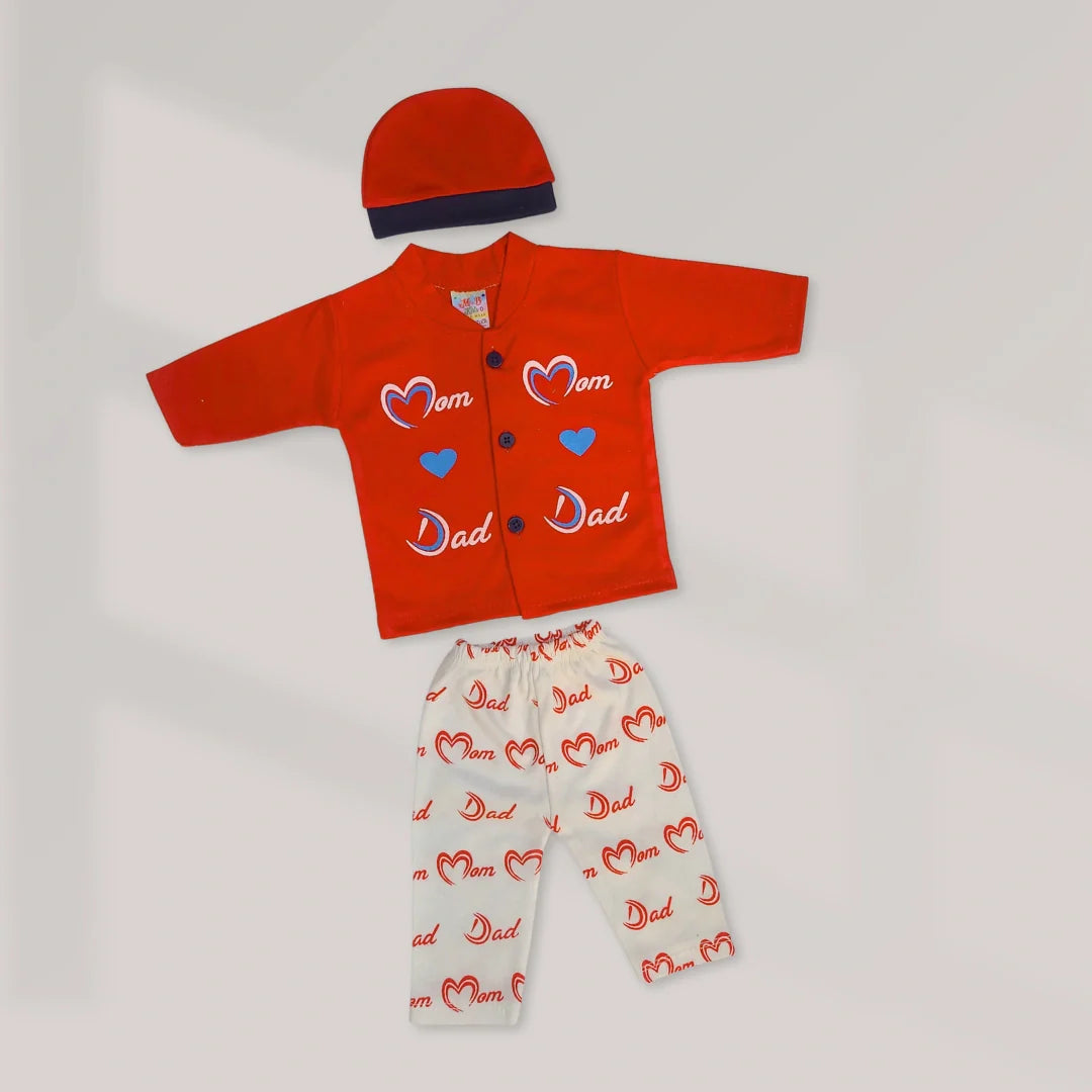 Mom Dad Design 3 Pcs Suit with Cap - Red
