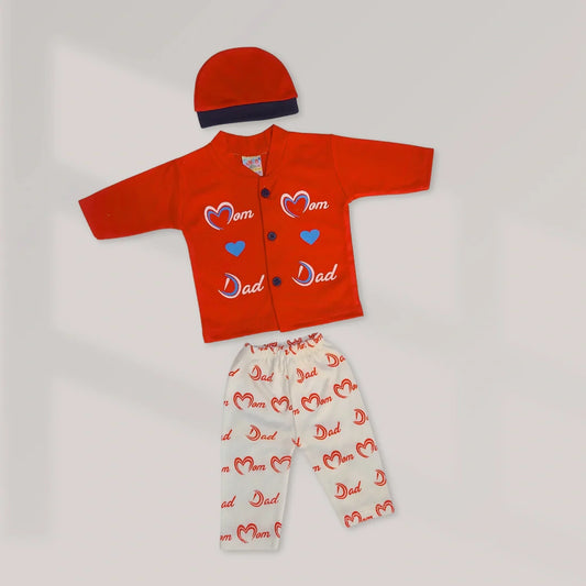 Mom Dad Design 3 Pcs Suit with Cap - Red