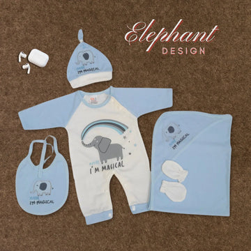 Elephant Design 5 Pcs Starter Set with Blanket - Sky Blue