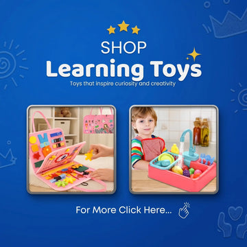 Advertisement for learning toys with images of a child and educational toys on a blue background.